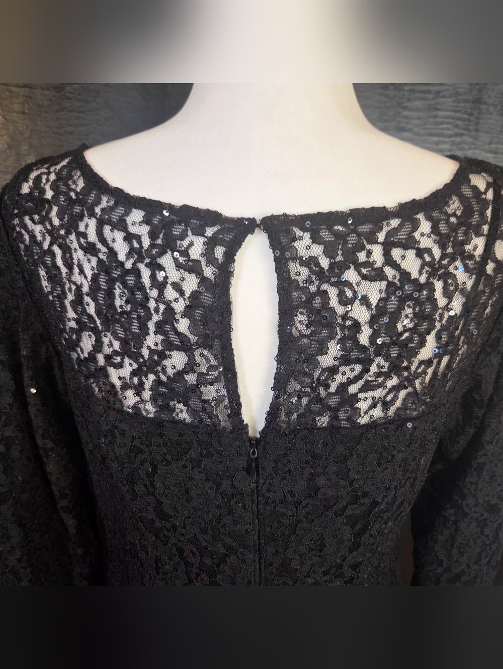SLNY/S.L. Fashions Black Sequined Lace Fit & Flare Cocktail Dress - Size 10P - Picture 10 of 11